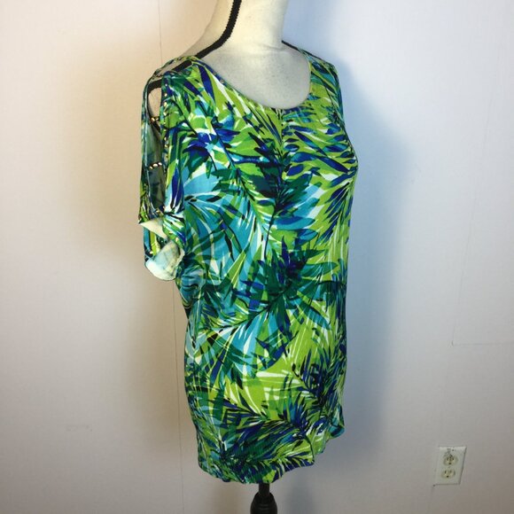 Cache Knit Top Sweater Sz XS Womans Green Blue Floral Knit Studded Short Sleeve - Picture 3 of 13